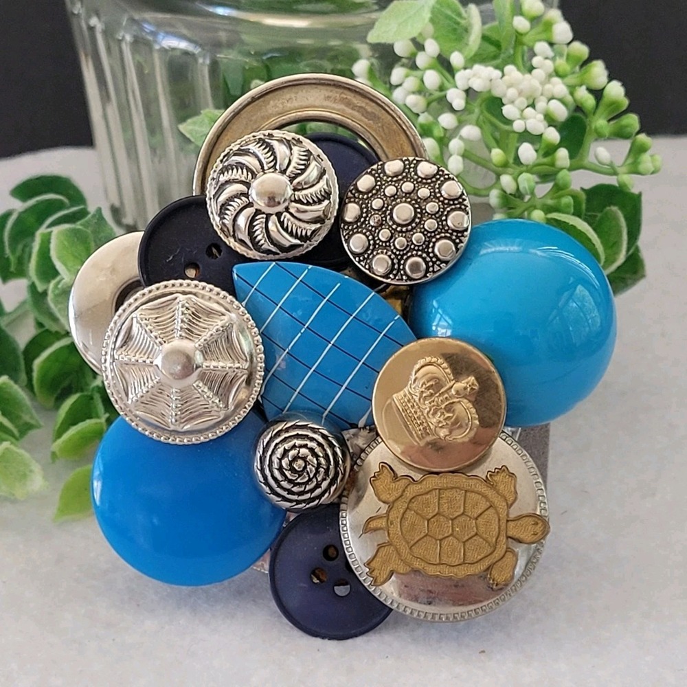 Artisan Mixed Media Turtle Brooch Blue Button Assemblage Statement Pin 3 Inch